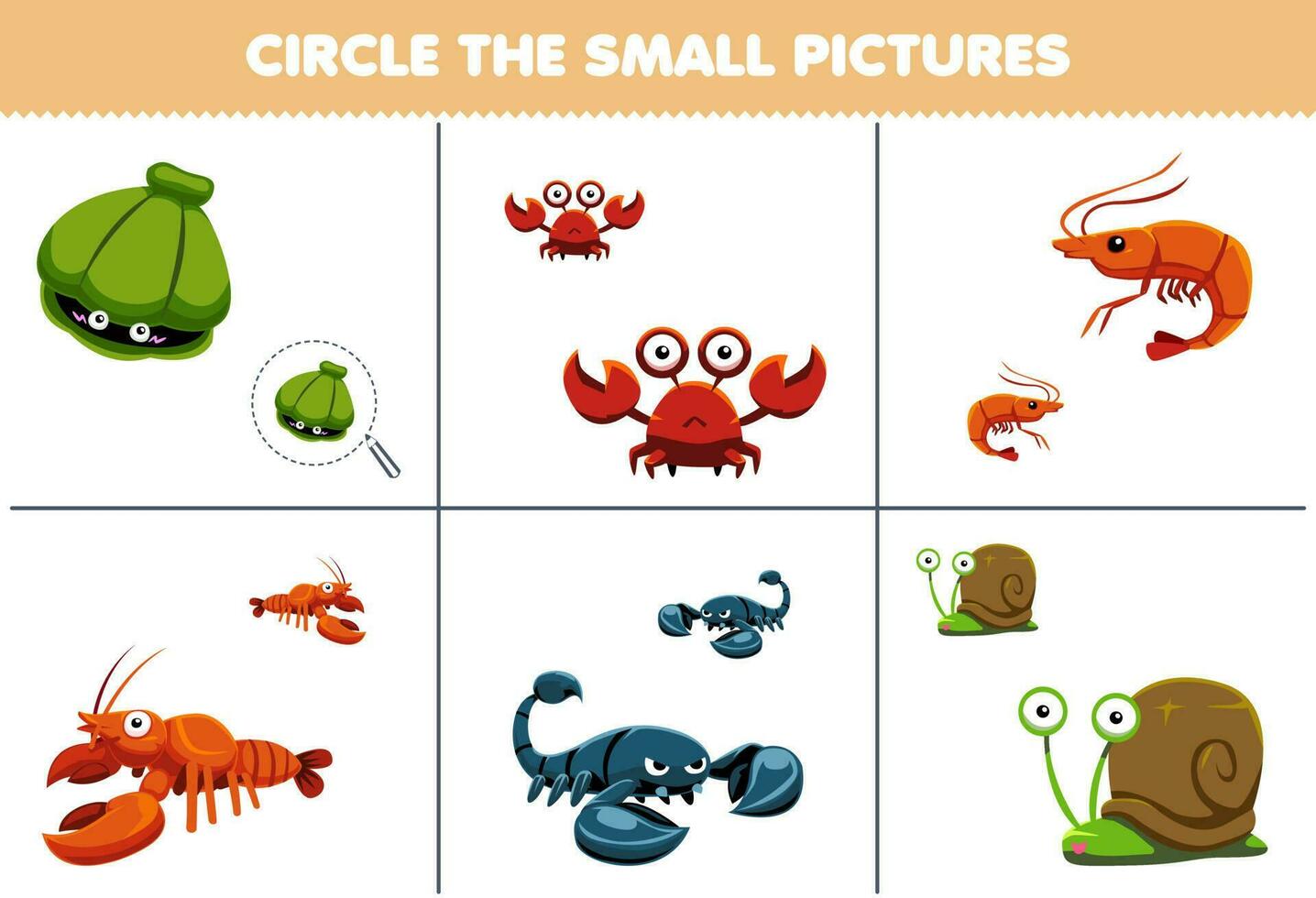 Education game for children circle the small picture of cute cartoon shell crab shrimp lobster scorpion snail printable animal worksheet vector