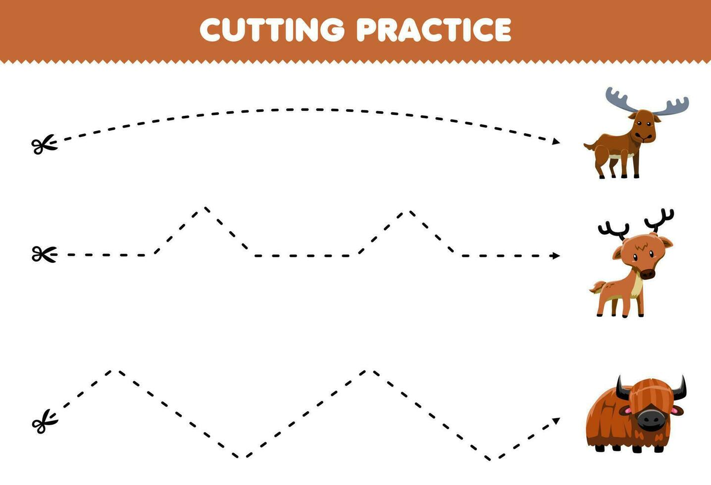 Education game for children cutting practice with cute cartoon moose deer yak picture printable animal worksheet vector