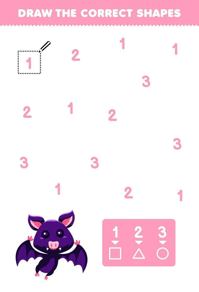 Education game for children help cute cartoon bat draw the correct shapes according to the number printable animal worksheet vector