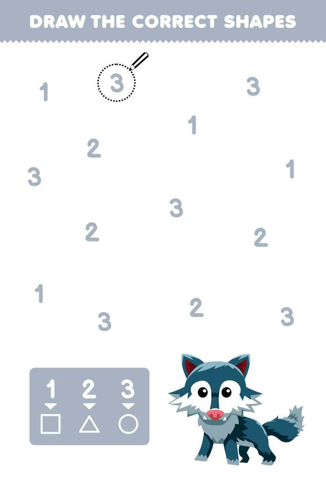 Education game for children help cute cartoon wolf draw the correct shapes according to the number printable animal worksheet vector