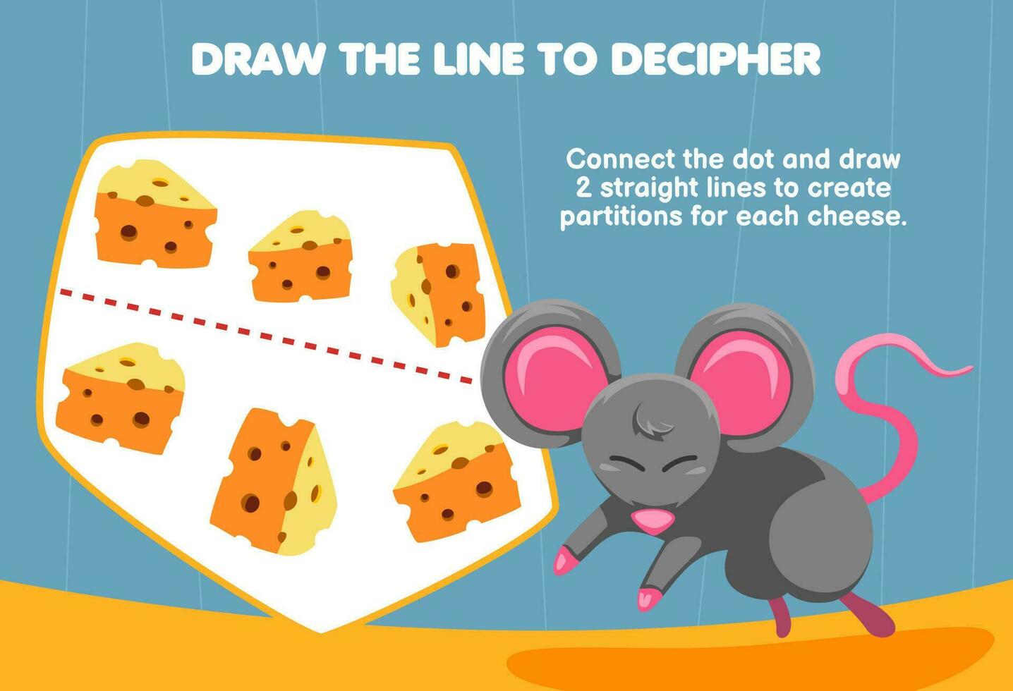 Education game for children help mouse draw the lines to separate cheese printable animal worksheet vector
