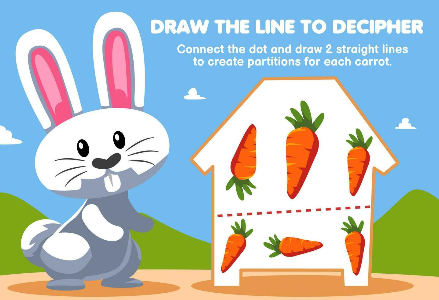 Education game for children help rabbit draw the lines to separate carrot printable animal worksheet vector