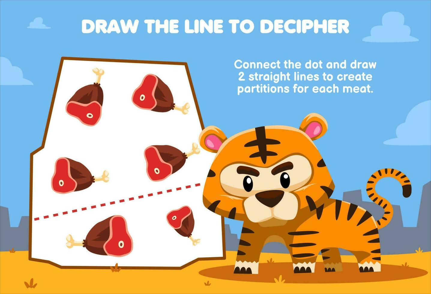 Education game for children help tiger draw the lines to separate beef printable animal worksheet vector
