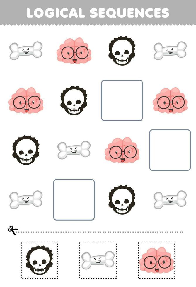 Education game for children logical sequences for kids with cute cartoon skull bone brain printable anatomy worksheet vector