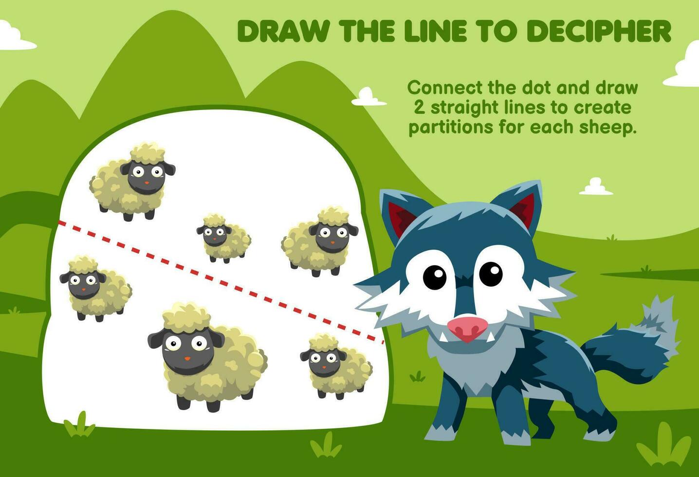 Education game for children help wolf draw the lines to separate sheep printable animal worksheet vector