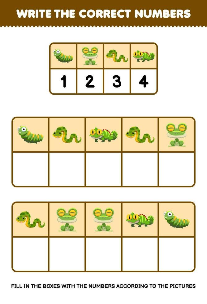 Education game for children write the right numbers in the box according to the cute cartoon caterpillar frog snake iguana on the table printable animal worksheet vector