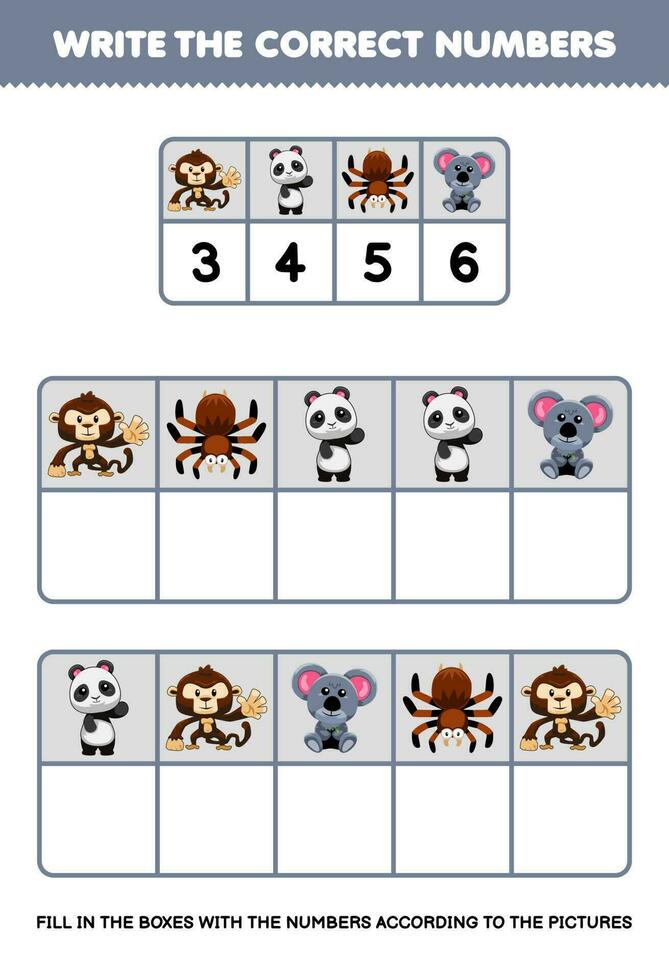 educación juego para niños escribir el Derecha números en el caja según a el linda dibujos animados mono panda coala tarántula en el mesa imprimible animal hoja de cálculo vector