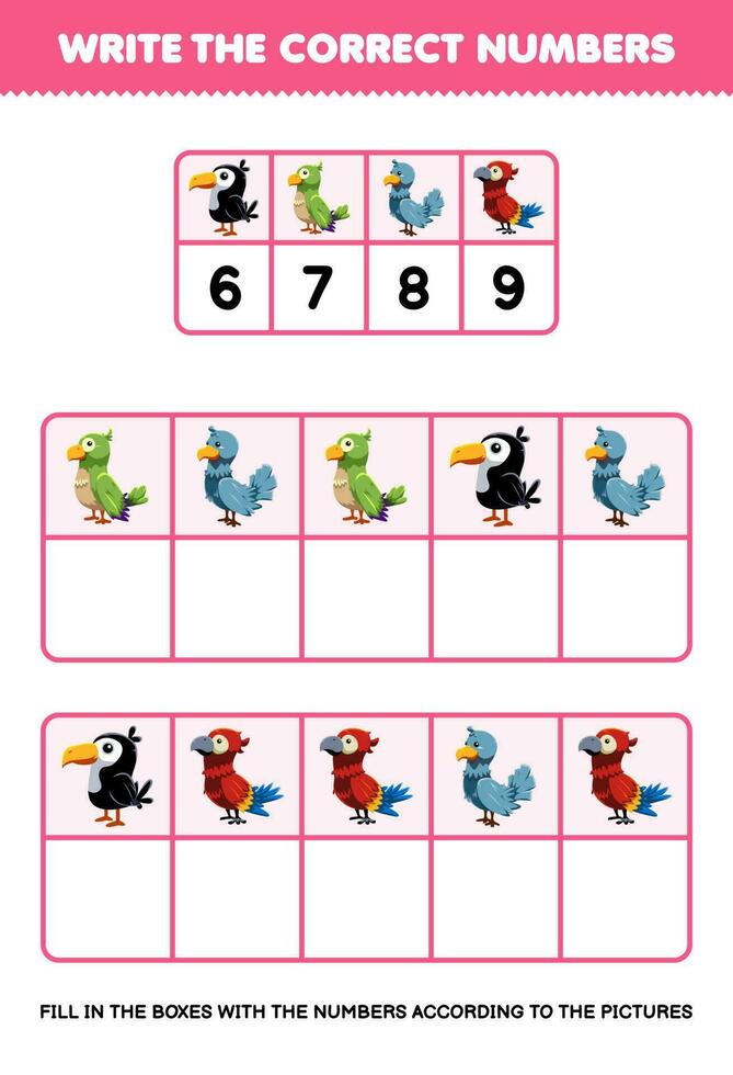 Education game for children write the right numbers in the box according to the cute cartoon toucan parakeet dove parrot on the table printable animal worksheet vector