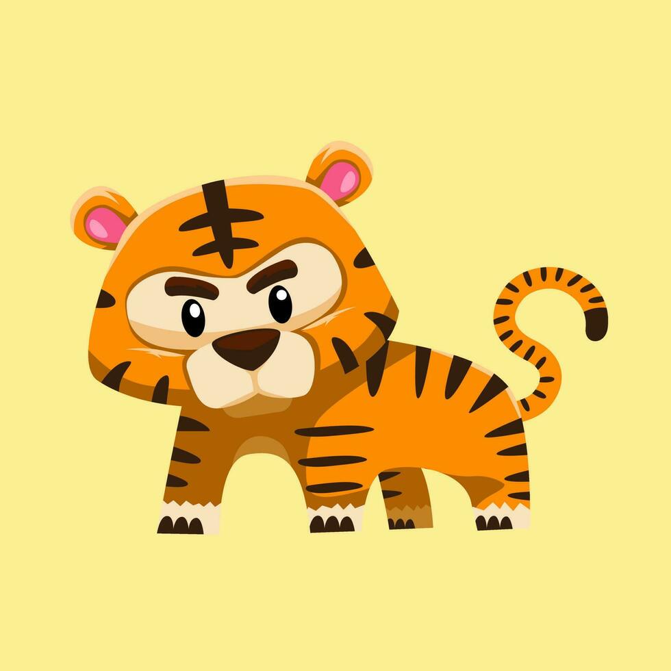 Cute cartoon tiger in isolated yellow background vector illustration icon