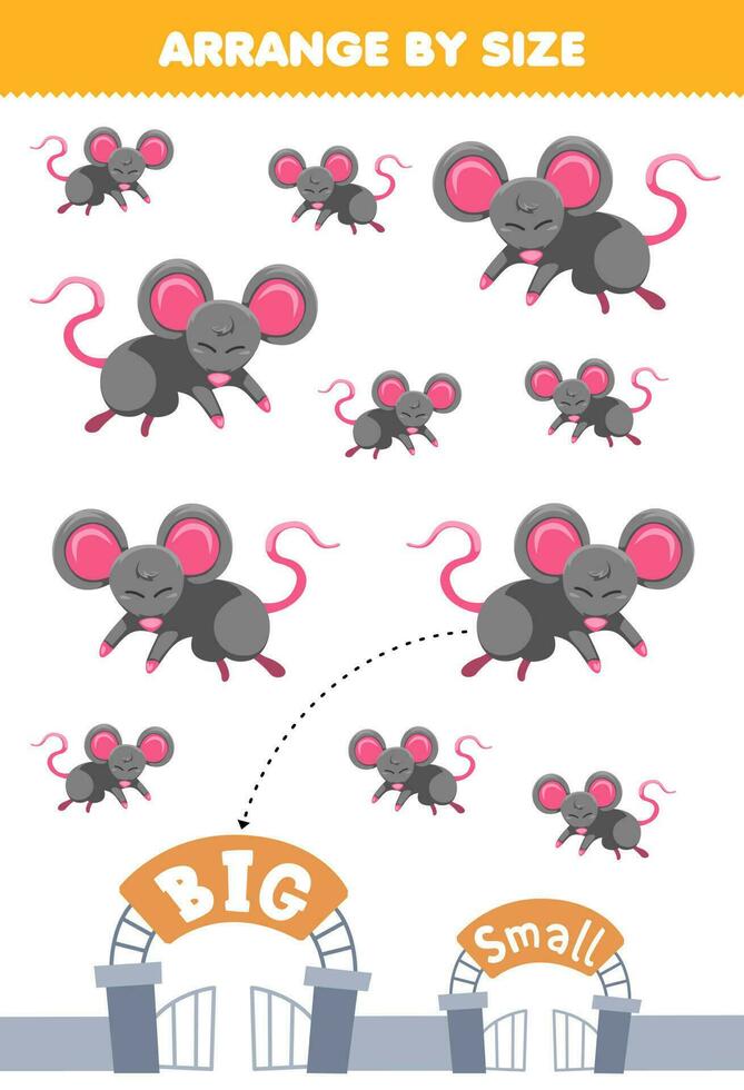 Education game for children arrange by size big or small of cute cartoon mouse printable animal worksheet vector