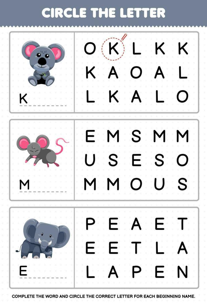 Education game for children circle the beginning letter from cute cartoon koala mouse elephant printable animal worksheet vector