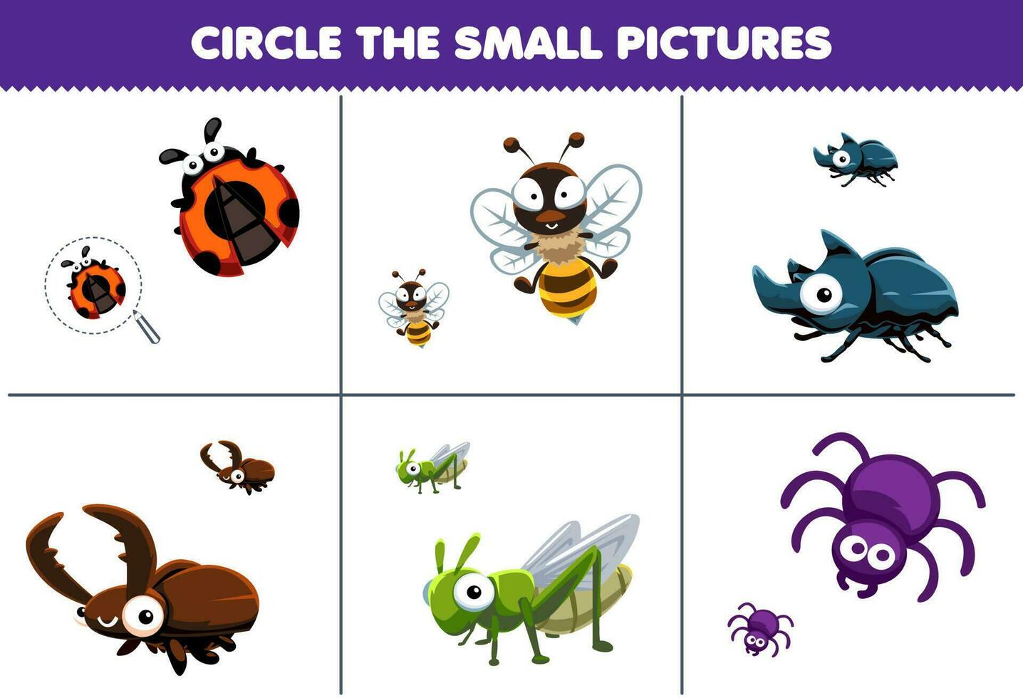 Education game for children circle the small picture of cute cartoon ladybug bee beetle grasshopper spider printable animal worksheet vector