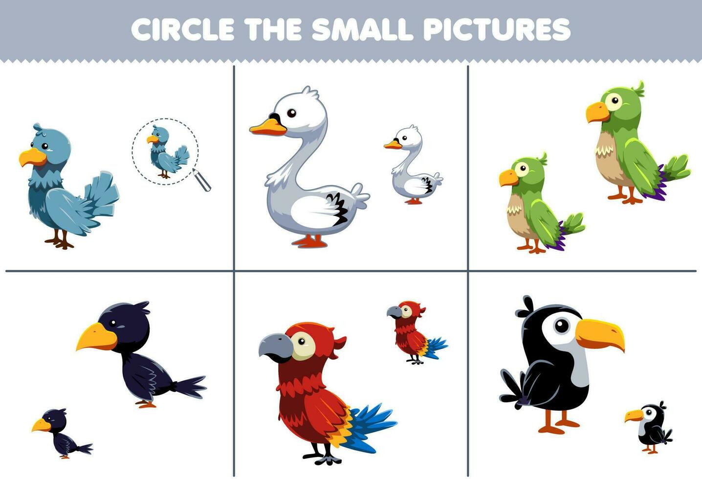 Education game for children circle the small picture of cute cartoon dove swan crow parrot toucan printable animal worksheet vector
