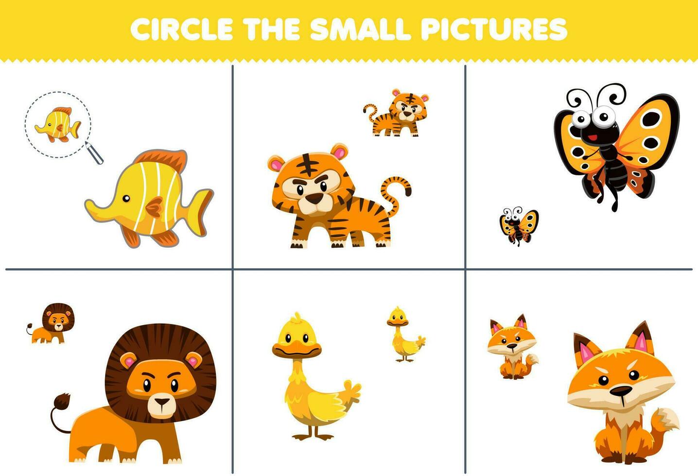 Education game for children circle the small picture of cute cartoon fish tiger butterfly lion duck fox printable animal worksheet vector