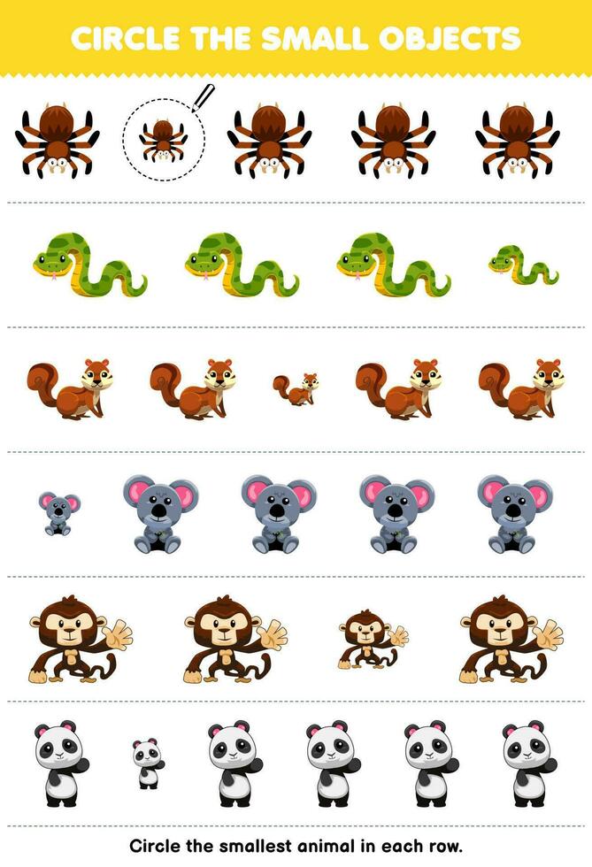 Education game for children circle the smallest object in each row of cute cartoon spider snake squirrel koala monkey panda printable animal worksheet vector
