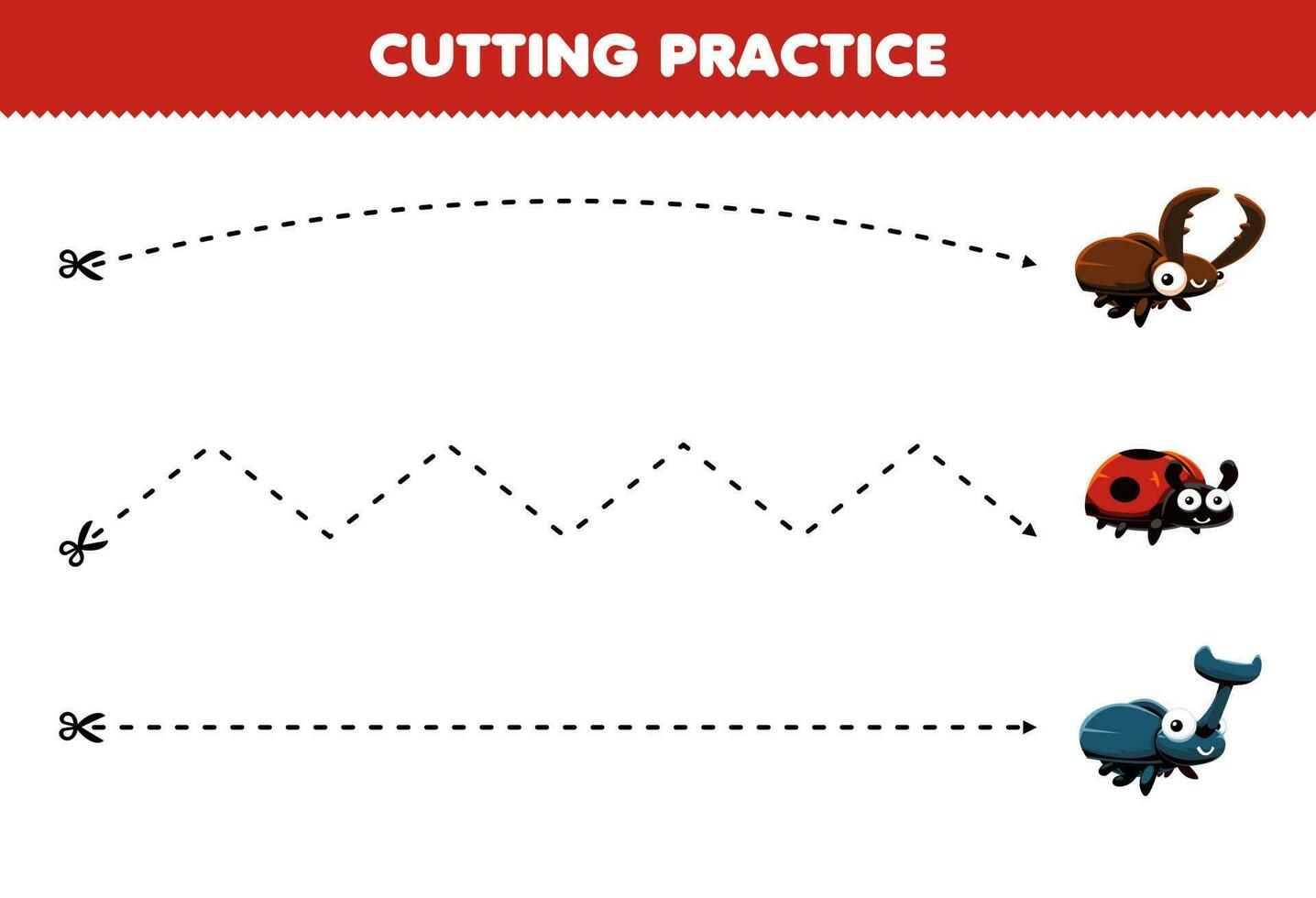 Education game for children cutting practice with cute cartoon beetle ladybug picture printable animal worksheet vector