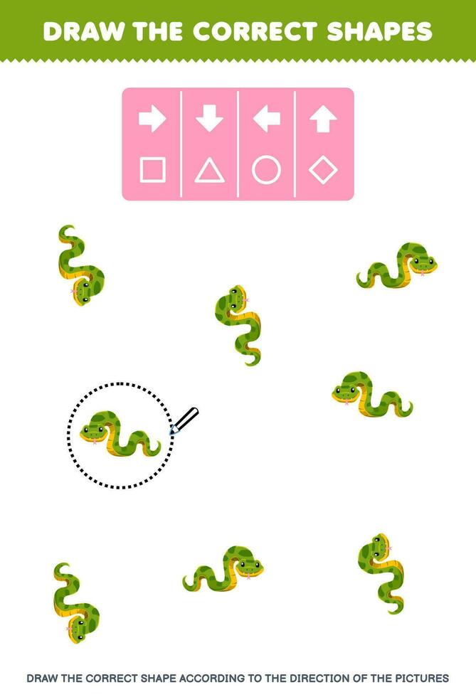Education game for children draw the correct shape according to the direction of cute cartoon snake pictures printable animal worksheet vector