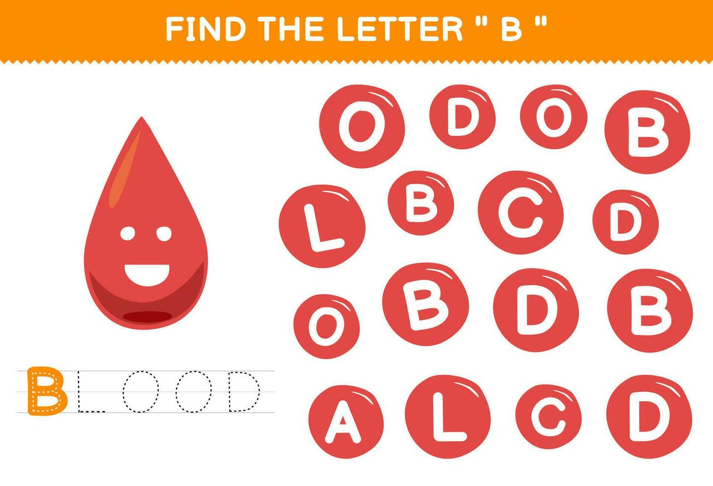 Education game for children find the letter C with cute cartoon blood printable anatomy worksheet vector