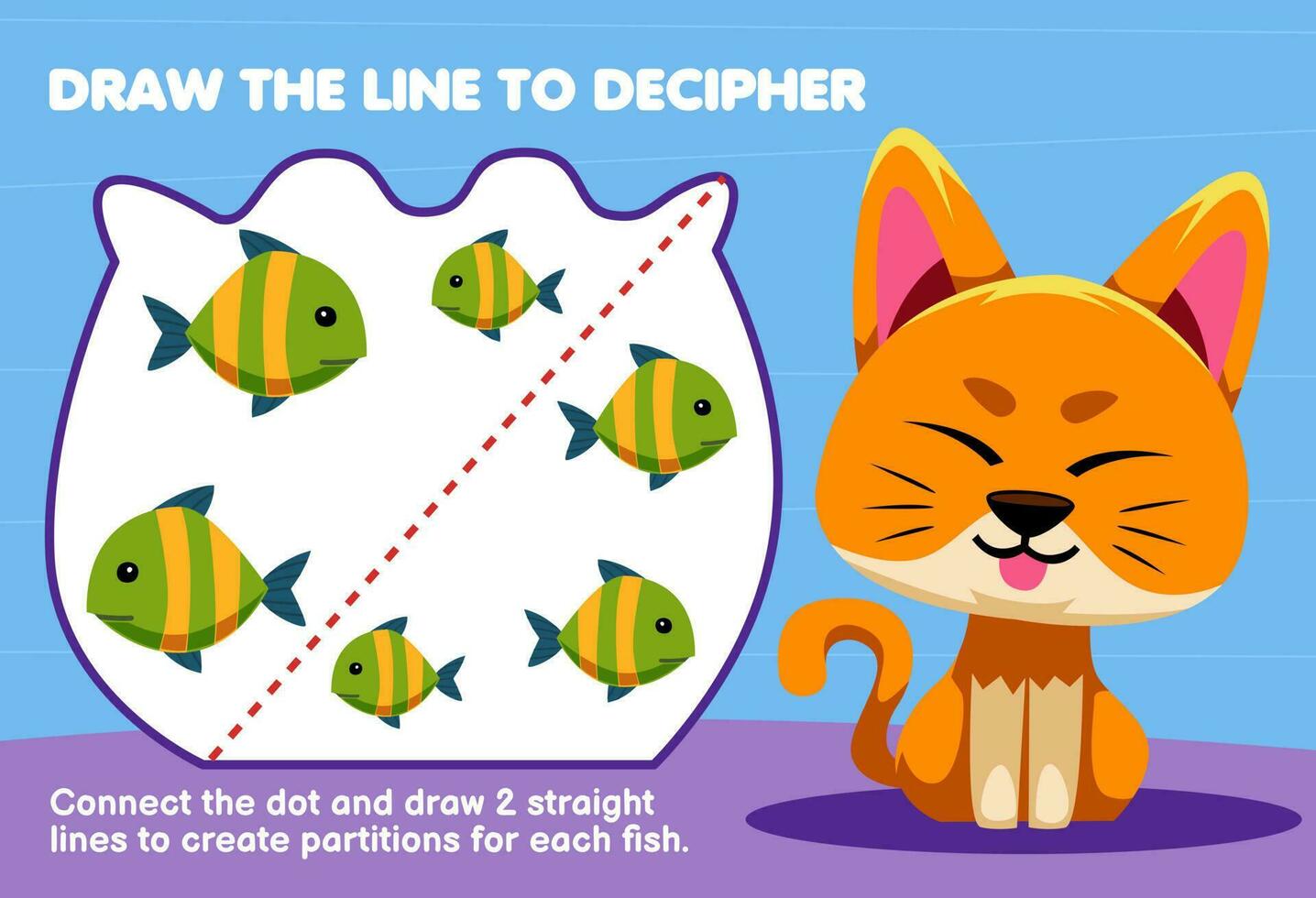 Education game for children help cat draw the lines to separate fish printable animal worksheet vector