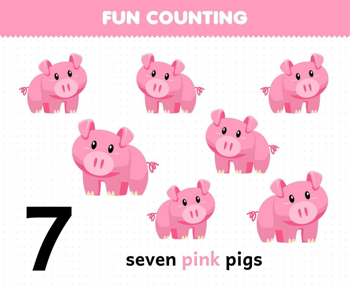 Education game for children fun counting cute cartoon seven pink pigs printable animal worksheet vector