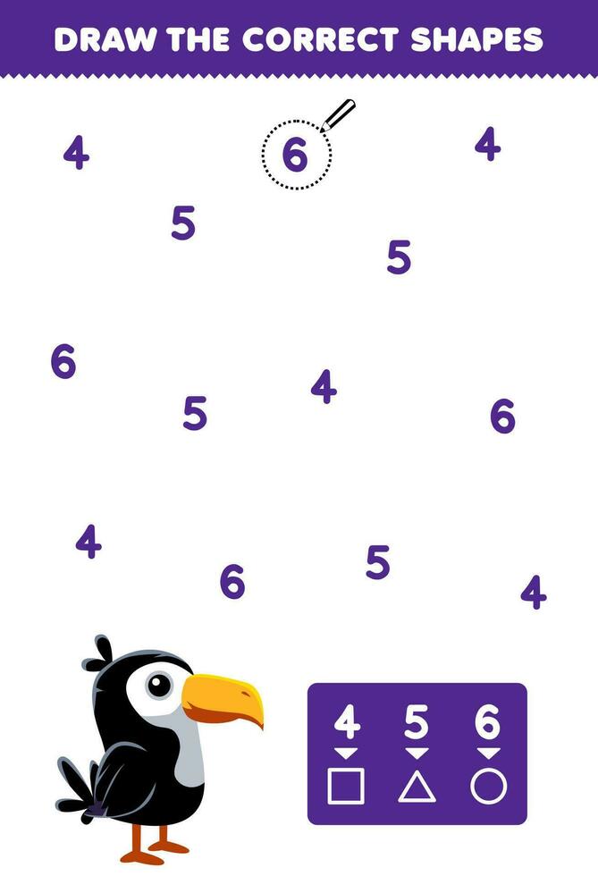 Education game for children help cute cartoon toucan draw the correct shapes according to the number printable animal worksheet vector