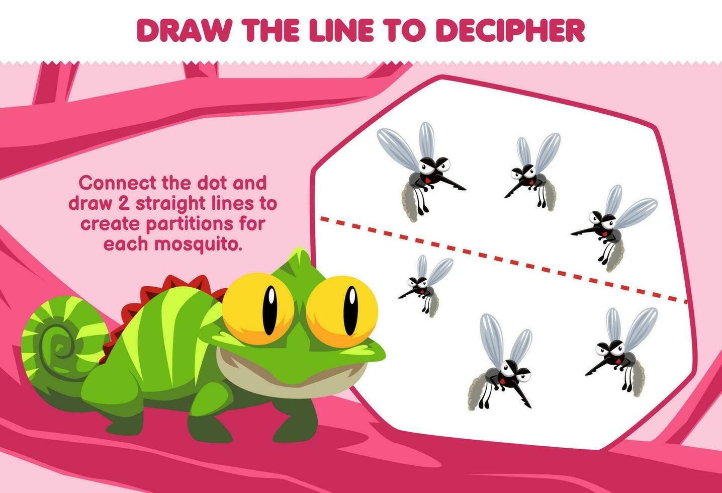 educación juego para niños ayuda iguana dibujar el líneas a separar mosquito imprimible animal hoja de cálculo vector