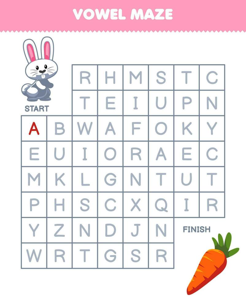 Education game for children vowel maze help cute cartoon rabbit move to carrot printable animal worksheet vector
