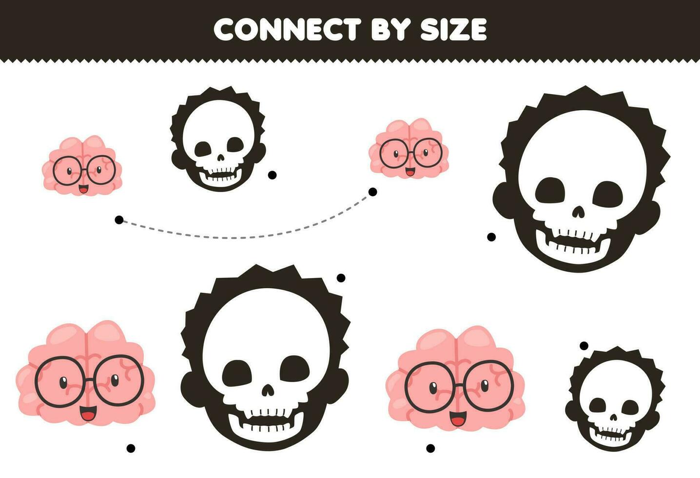 Educational game for kids connect by the size of cute cartoon brain and skull printable anatomy worksheet vector