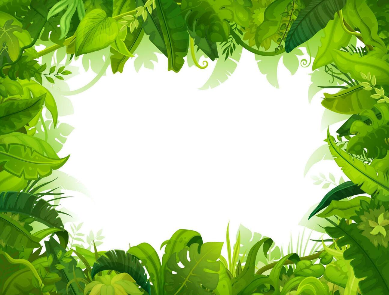 Cartoon jungle frame, green palm leaves background vector