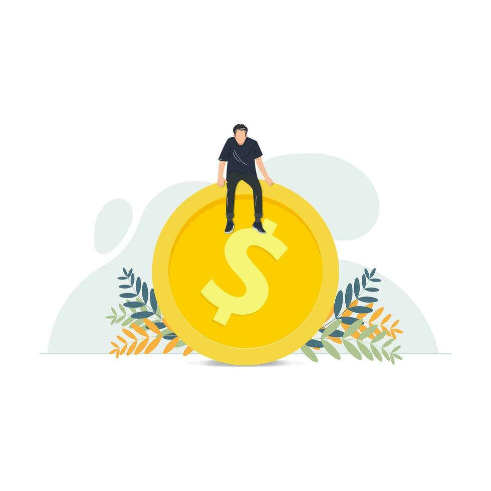 Young man sitting on a giant dollar coin.  Success at a young age concept vector illustration
