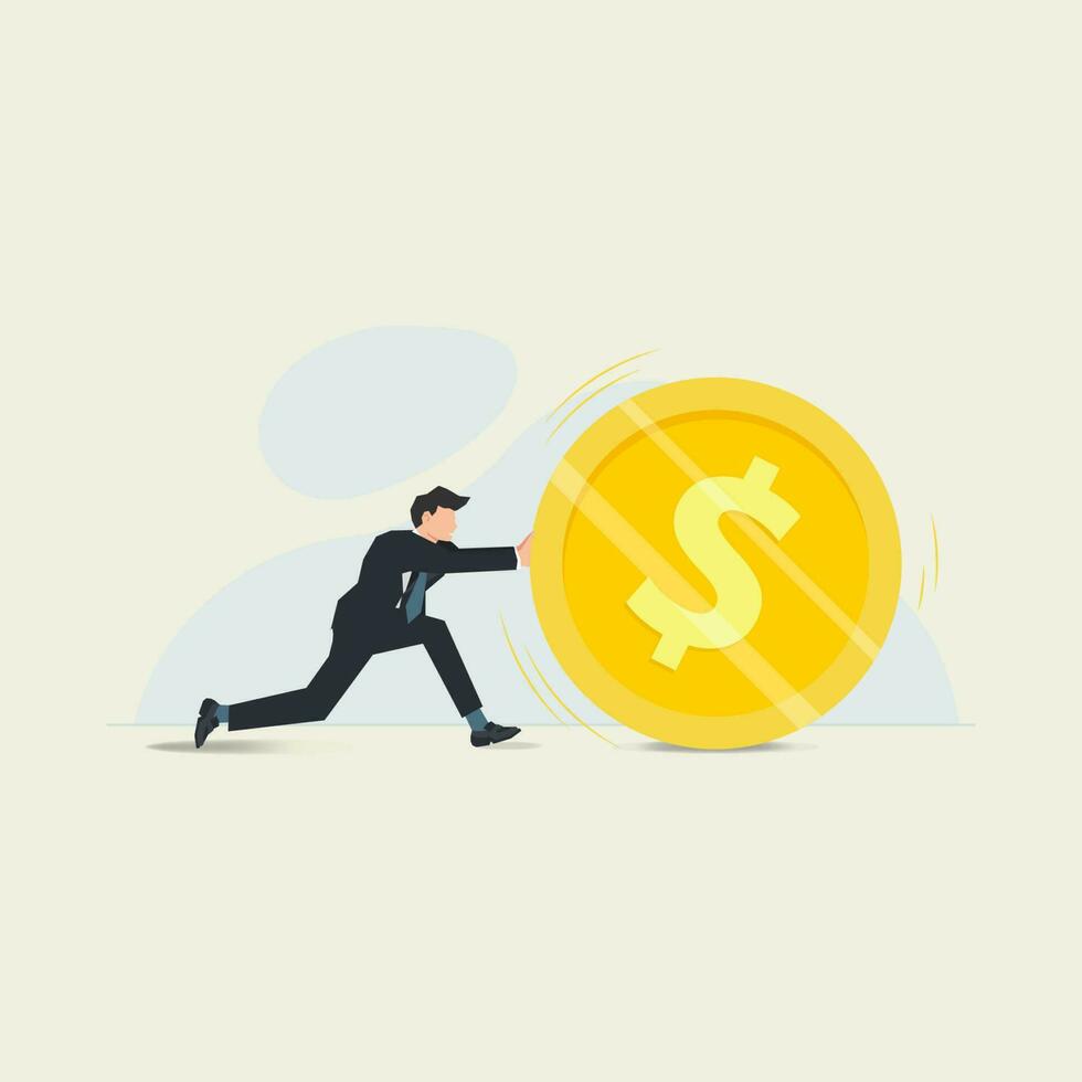 Businessman rolls giant dollar coin. Investment, finance, stock market concept vector illustration
