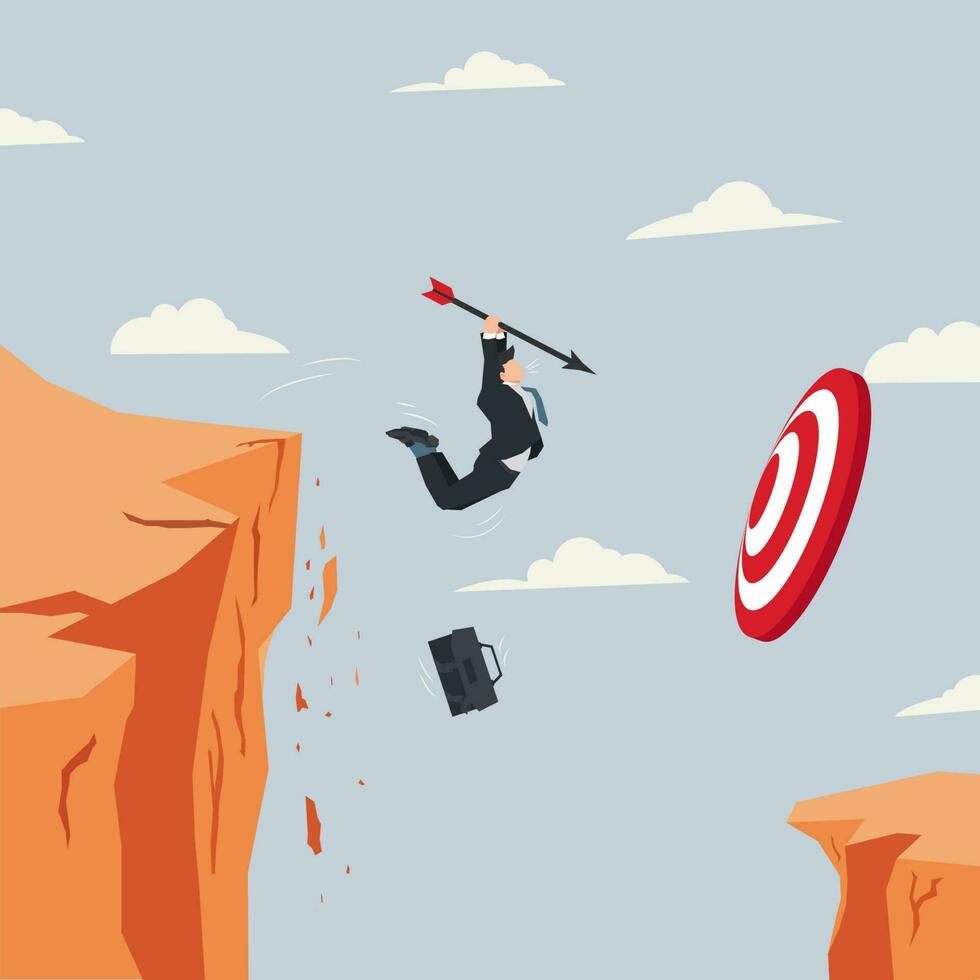 Businessman jumping from the cliff with arrow in hand toward to target. Reaching the target and goal in business concept illustration vector