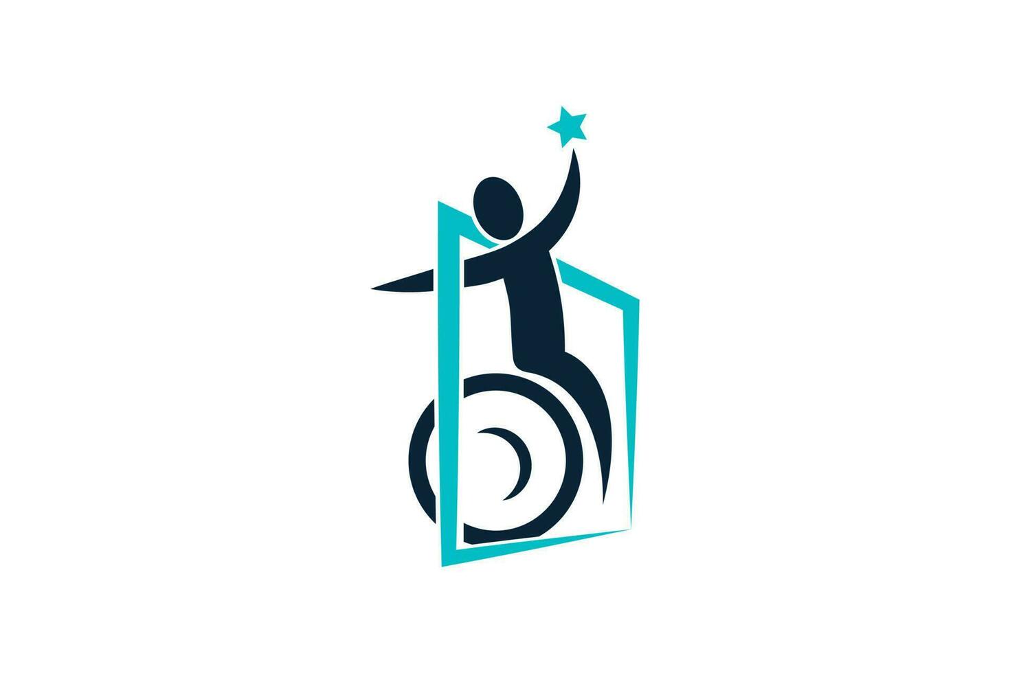 A disabled person catches the star on the wheelchair outside the blue frame logo design vector