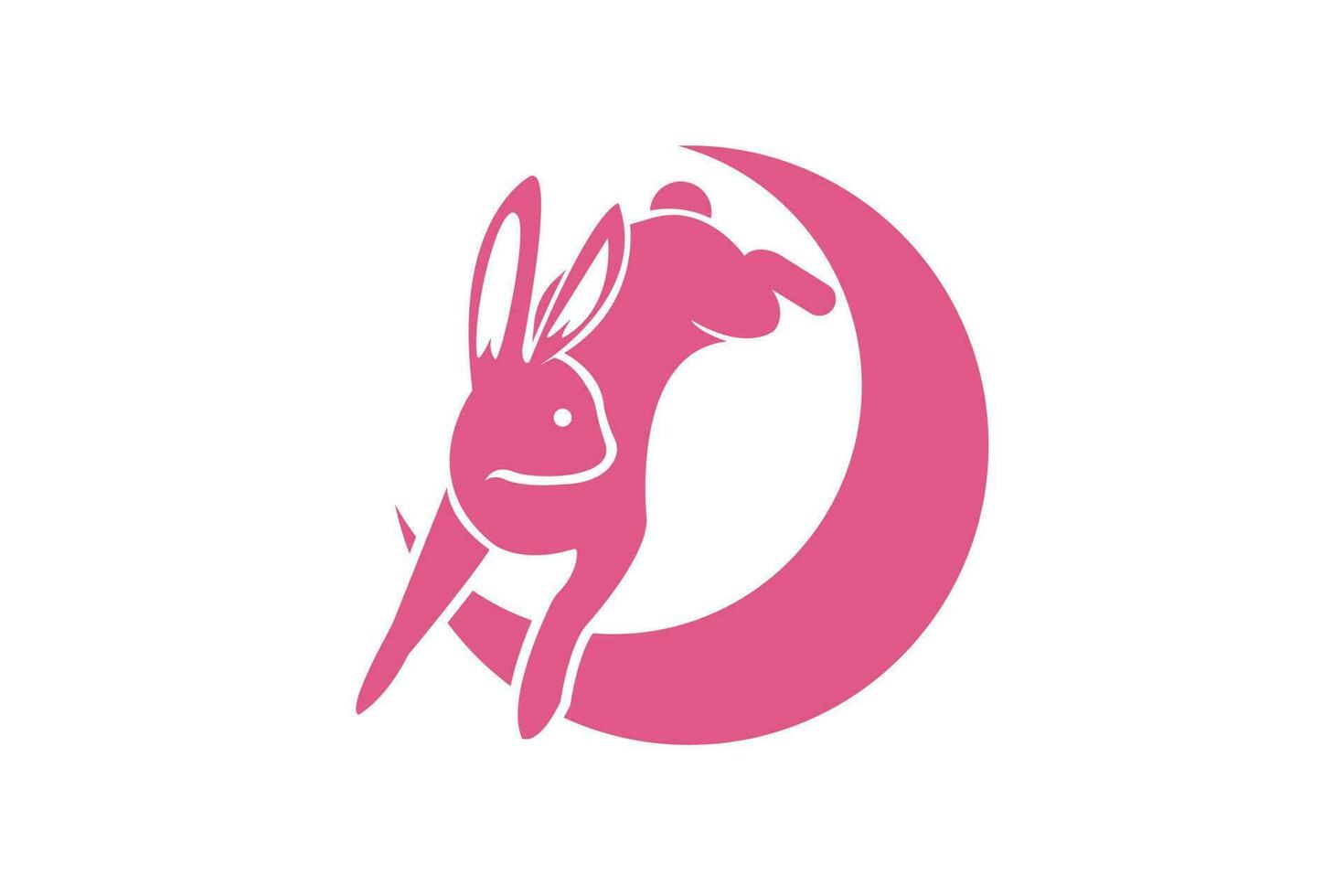 The pink rabbit jumping on the halfmoon logo design vector