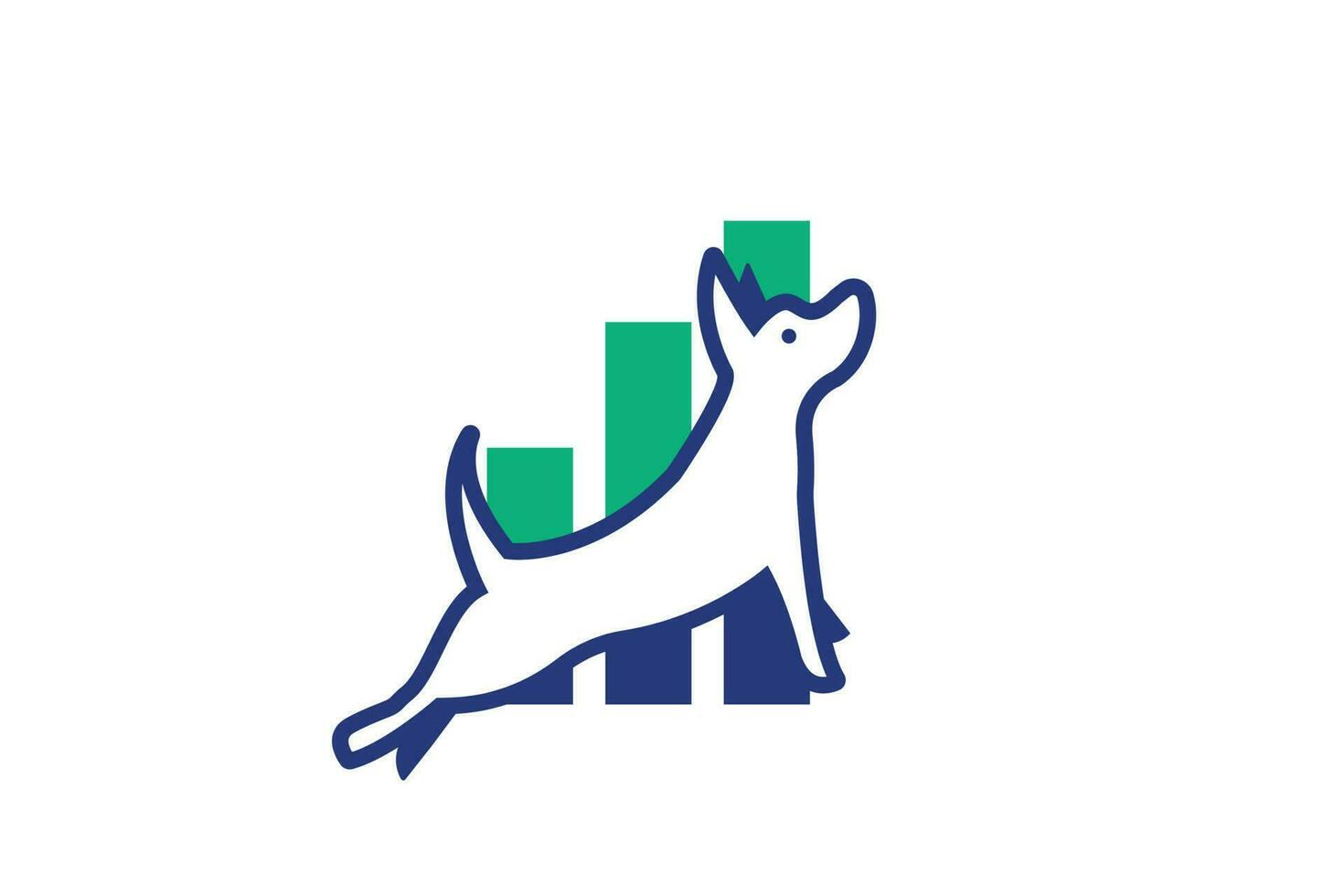 a white dog jumping in front of the chart bar logo design vector