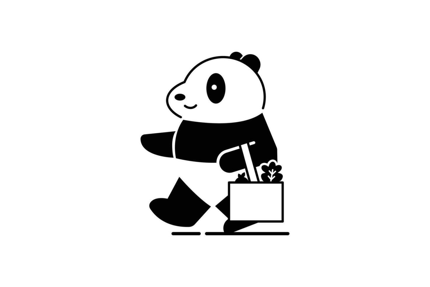 Panda shopping logo design black and white outline walking coloring pages vector
