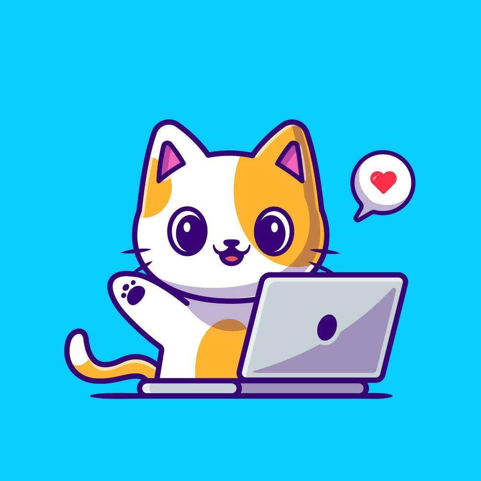 lindo gato trabajando en la ilustración del icono del vector de dibujos animados de la computadora portátil. concepto de icono de tecnología animal vector premium aislado. estilo de dibujos animados plana