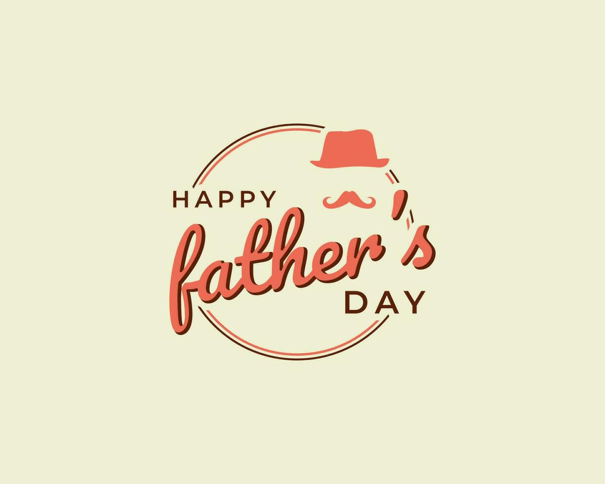 Happy Fathers Day greeting. Vector background with doodle hat and mustache orange lettering in red background