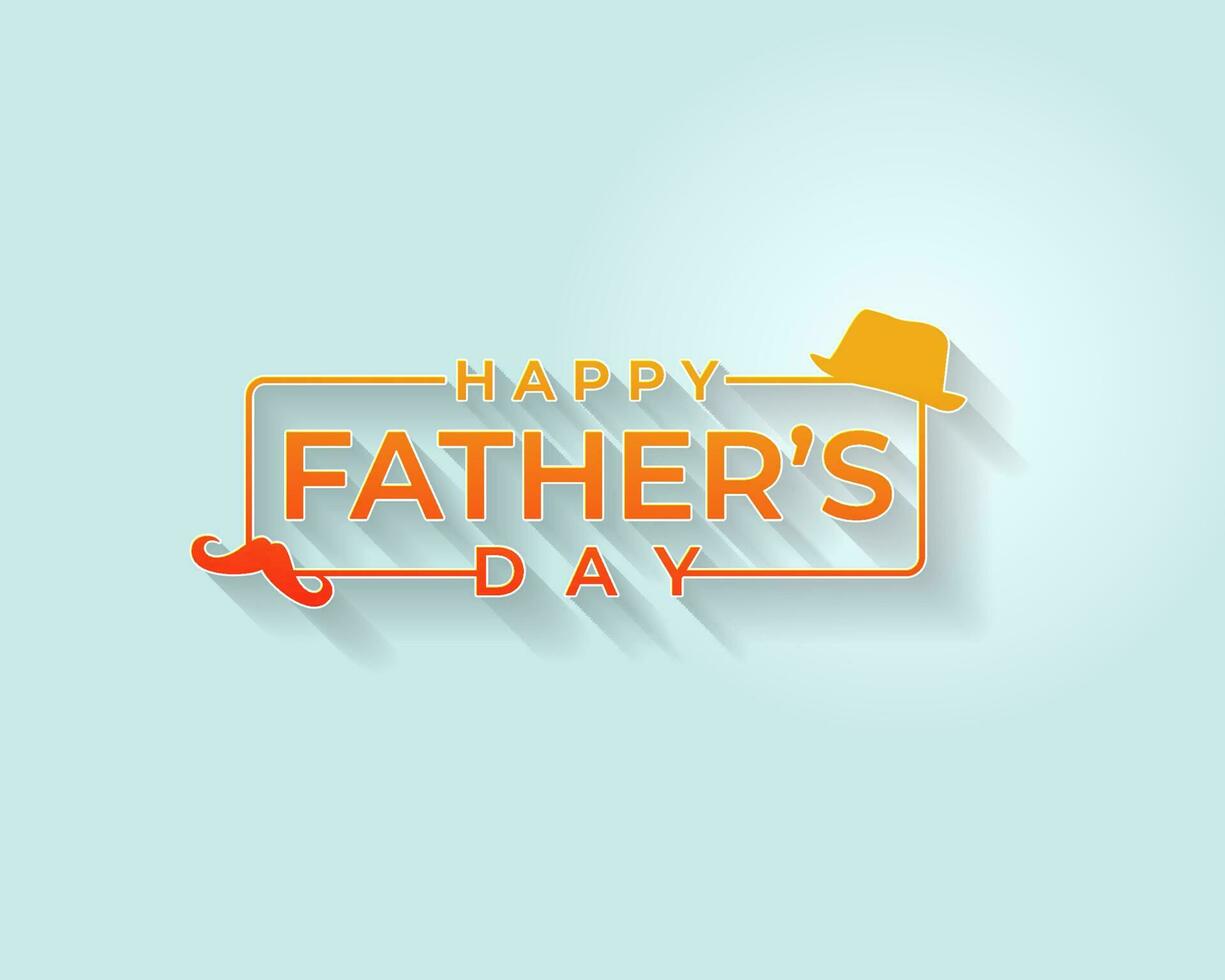 Happy Fathers Day greeting. Vector background with doodle hat and mustache orange lettering in red background