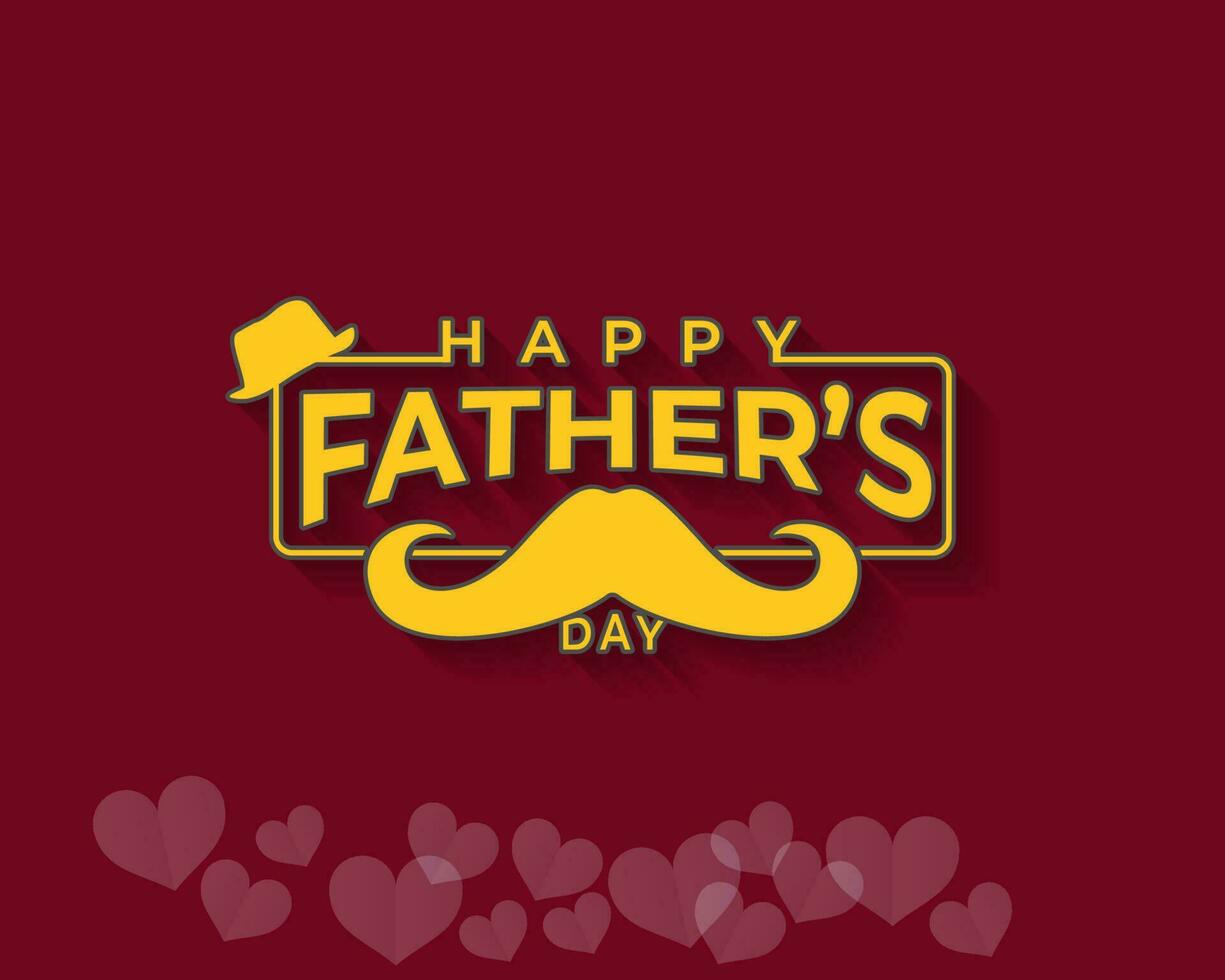 Happy Fathers Day greeting. Vector background with doodle hat and mustache orange lettering in red background