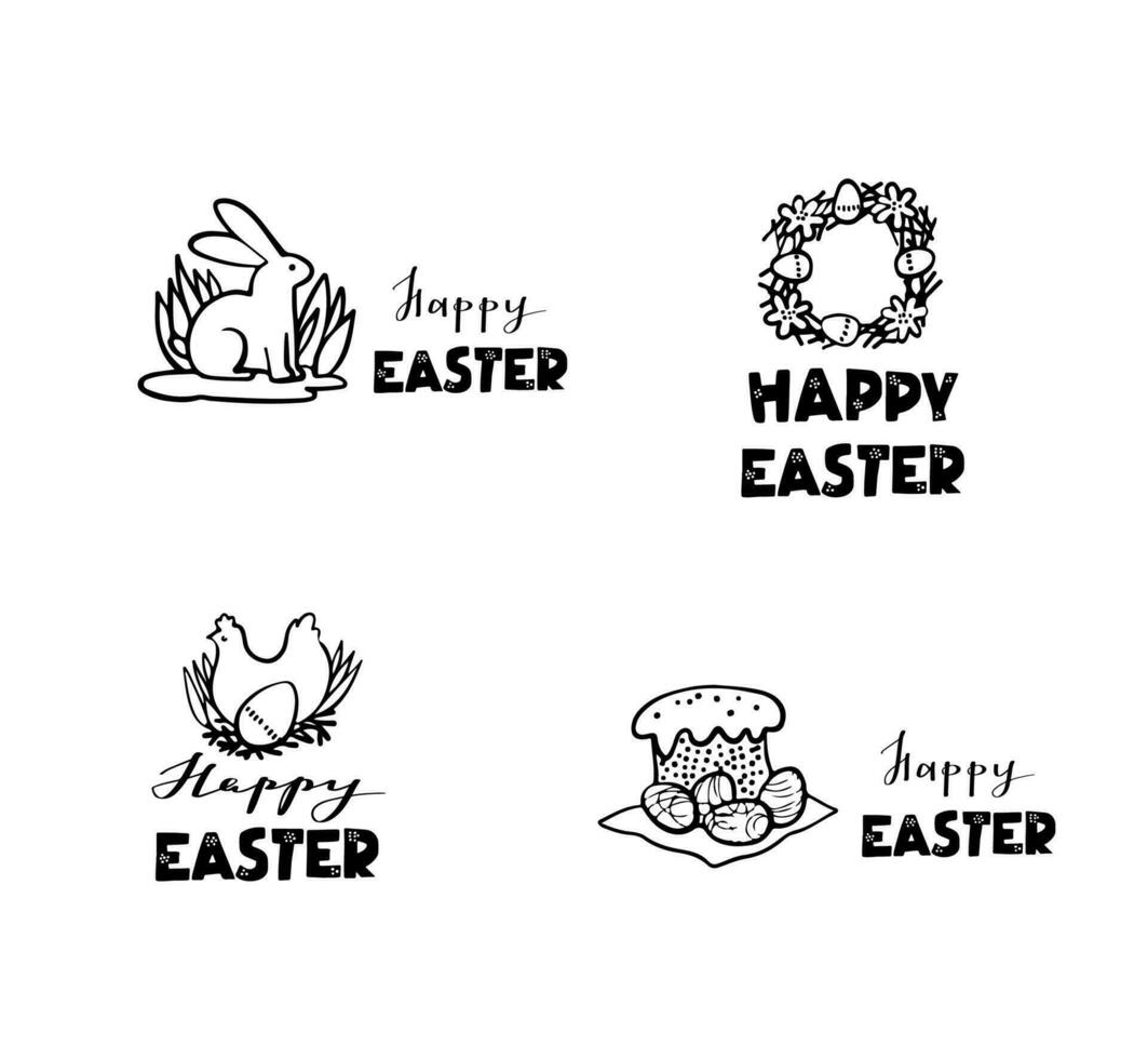conjunto de Pascua de Resurrección imágenes mano dibujado contorno y letras vector