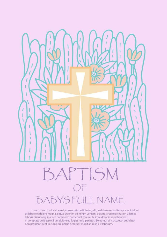 baptism invitation template Design with Cross and flowers in Vector