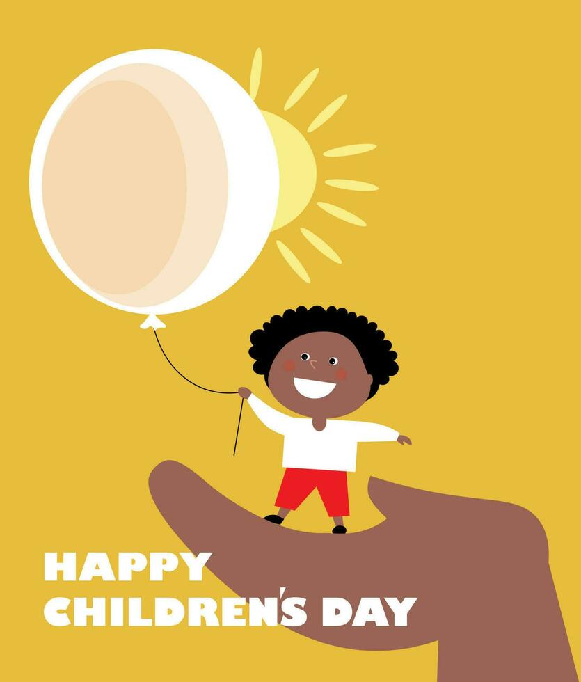 Happy Children's Day with afroamerican babyboy in the palm of an adult on sun yellow background. vector