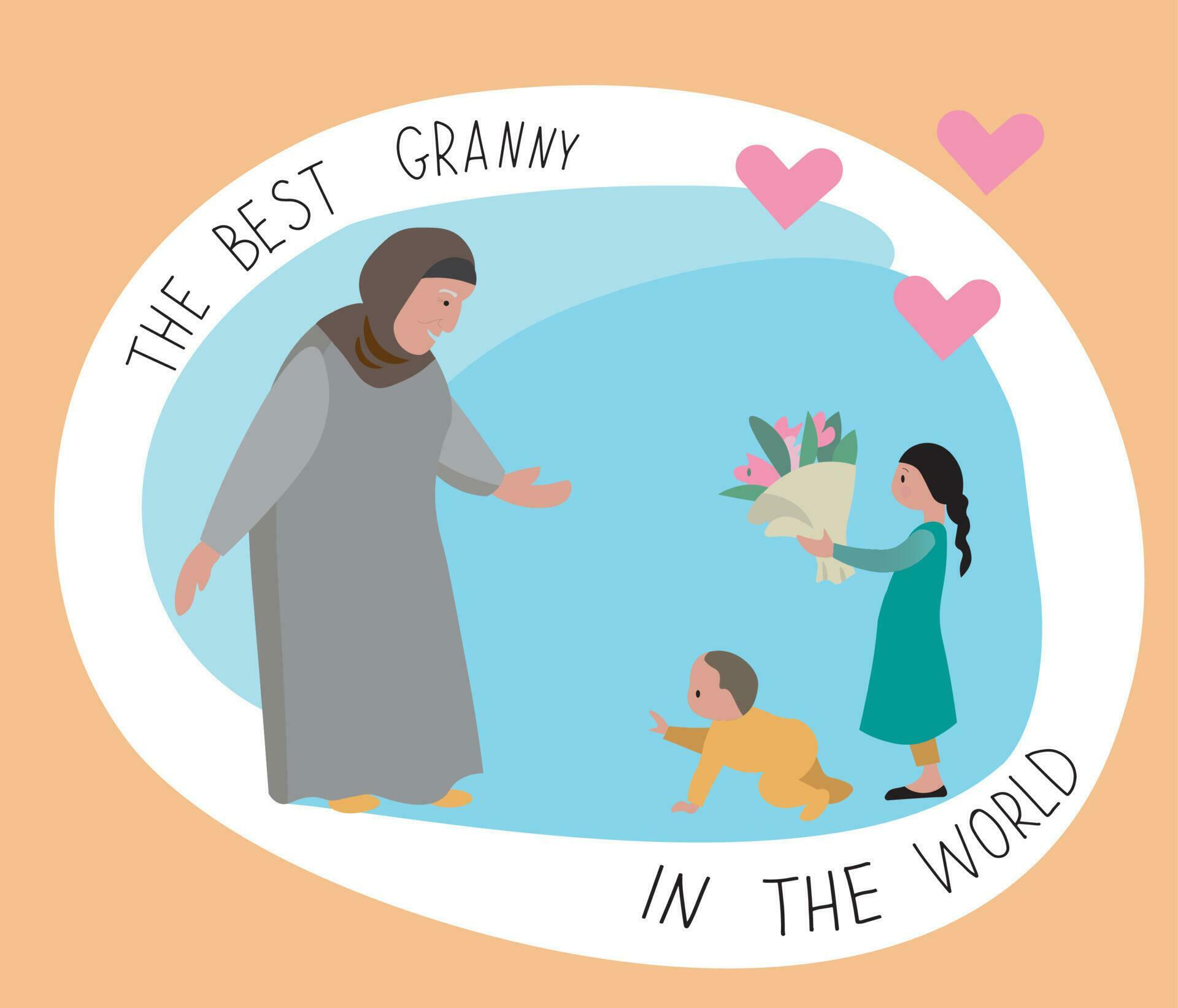 The best grandma in the world concept with muslim grandmother and kids