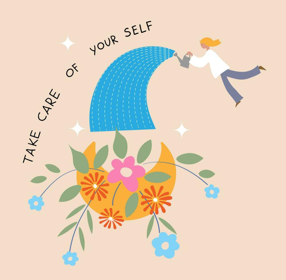 Take care of your life concept , Positive thinking, self care, healthy slow lifestyle. Well-being, healthy mind. Metaphor of mental health and strong psychology. Cartoon flat vector illustration