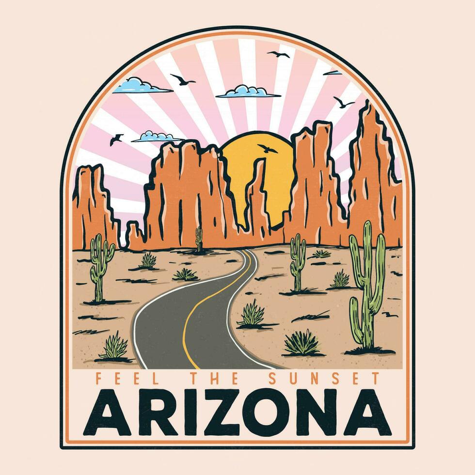 Arizona desert vibes graphic print for fashion and others. Arizona road trip vintage graphic print design for t shirt. Cactus wild with mountain artwork design. vector