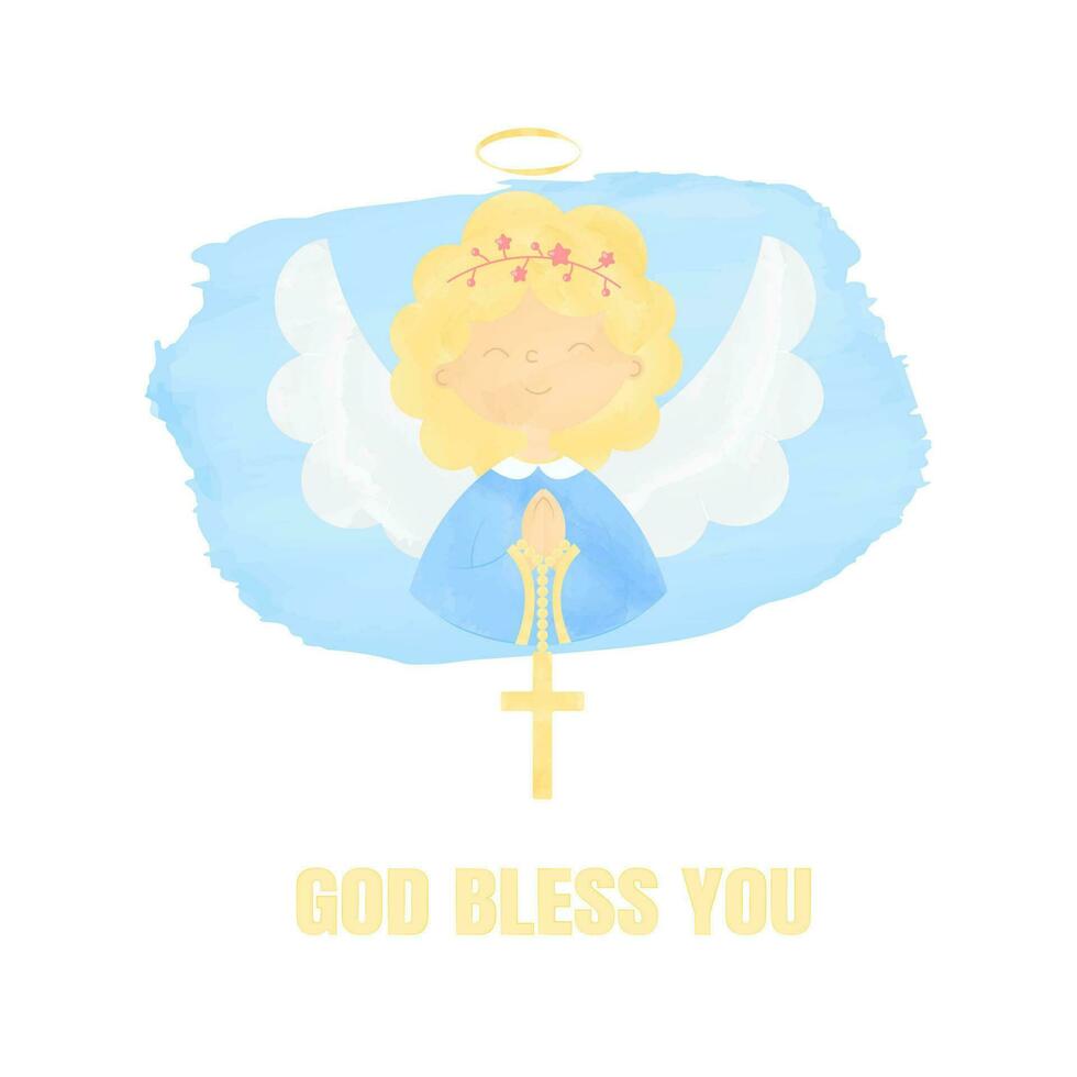 Cute angel girl in festive attire with folded hands on the chest for prayer and a cross hanging on the folded hands The illustration is done in a watercolor style with the text God bless you vector