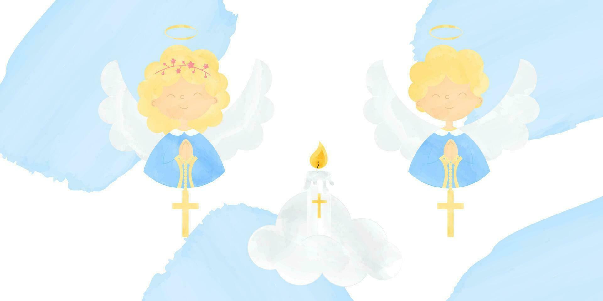 Cute Angels Girl and Boy in Festive Attire with Folded Hands on the Chest for Prayer and a Cross Hanging on the Folded Hands Cloud and Candle Vector Illustration Banner for Baptism in Watercolor Style