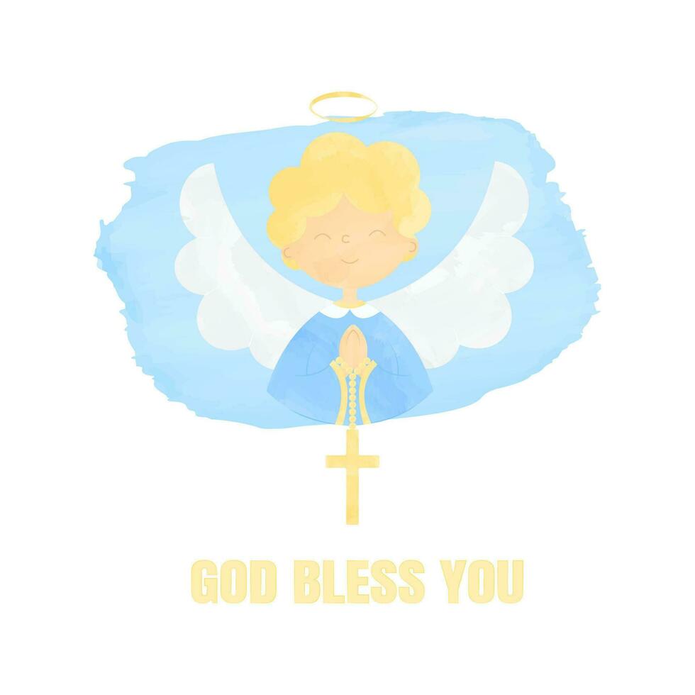 Cute angel in festive attire with folded hands on the chest for prayer and a cross hanging on the folded hands The illustration is done in a watercolor style with the text God bless you vector