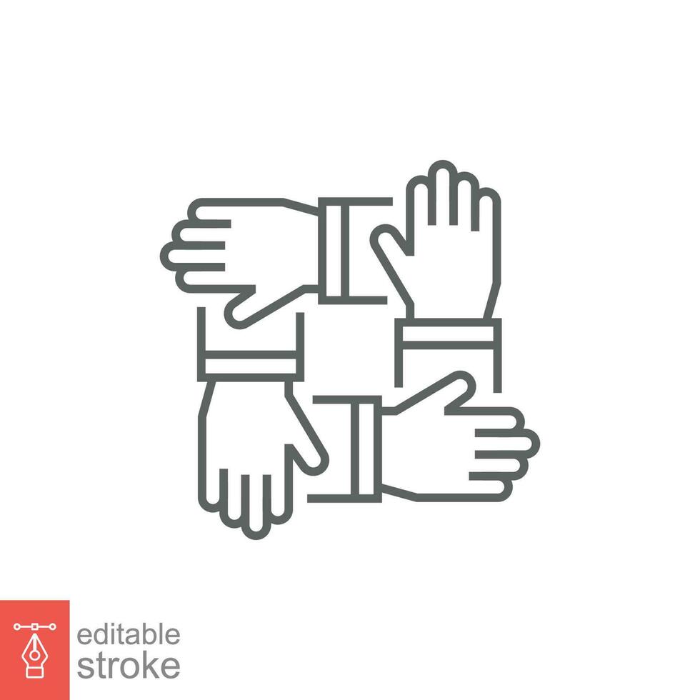 Handshake in circle icon. Simple outline style. Hand team work, support, four, 4, teamwork concept. Thin line symbol. Vector symbol illustration isolated on white background. Editable stroke EPS 10.